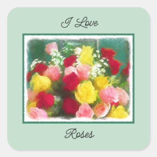 Rose Bouquet Painting - Cute Original Flower Art Square Sticker