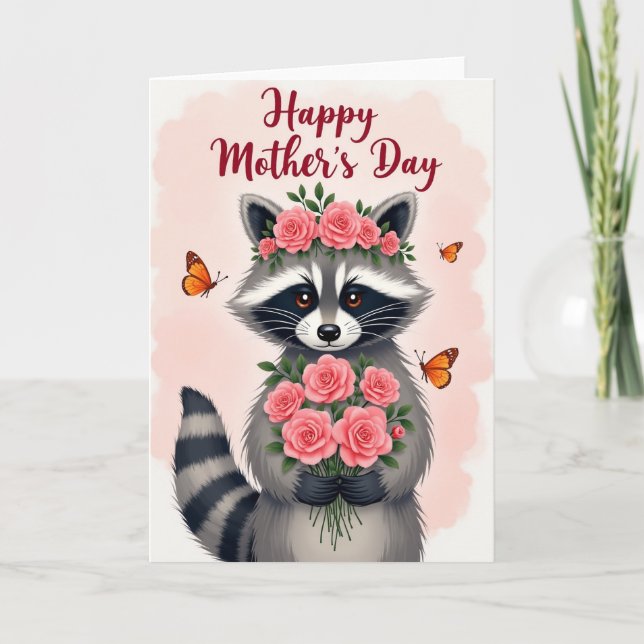 Rose Bouquet Raccoon Mom Card (Front)