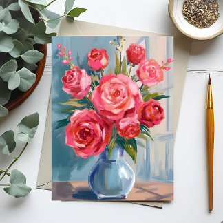 Rose Bouquet | Red Flower Vase Watercolor Floral Postcard