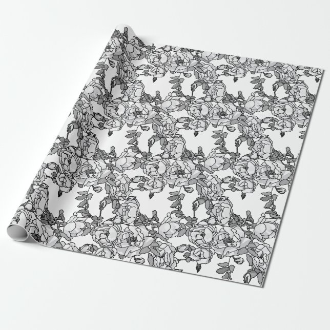 Rose Branch Gray Scale Wrapping Paper (Unrolled)