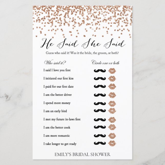 Rose Bridal Shower Game - He Said She Said Printed (Front)