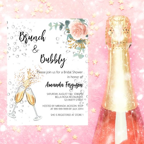 Rose Budget Brunch Bubbly Bridal Shower invitation
