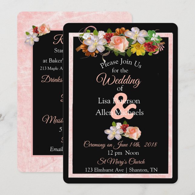 Rose Burgundy Black Floral Wedding Invitation (Front/Back)