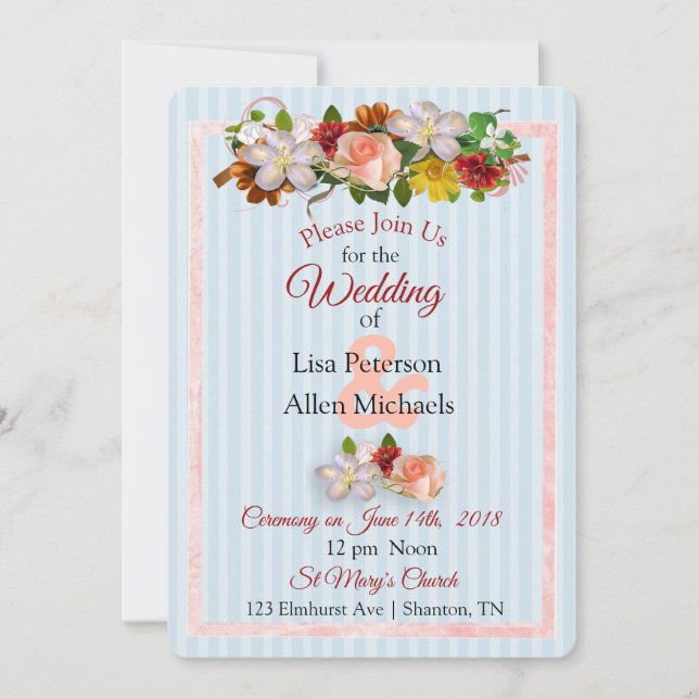 Rose Burgundy Blue Floral Wedding Invitation (Front)