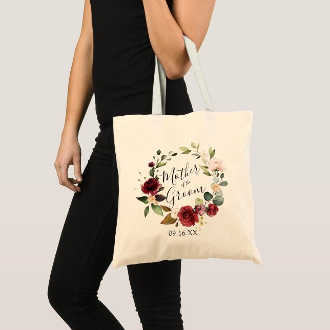 Rose Burgundy Floral Wreath Mother of the Groom Tote Bag (Front (Product))