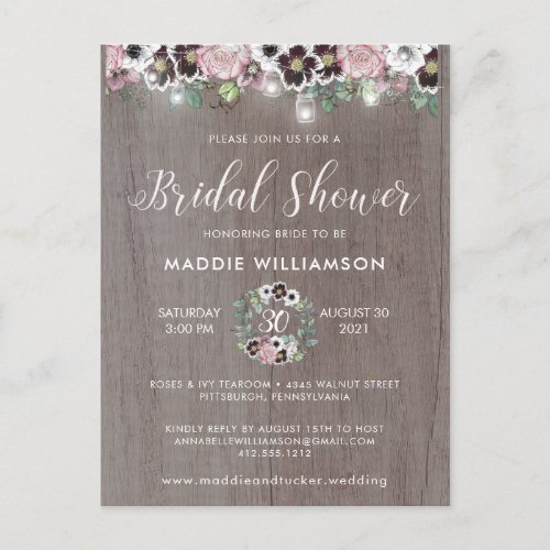 Rose Burgundy Rustic Wood Bridal Shower Invitation Postcard