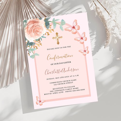 Rose butterflies floral arch luxury Confirmation Invitation