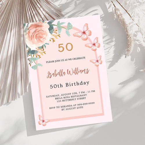 Rose butterflies peach floral arch luxury Birthday Invitation