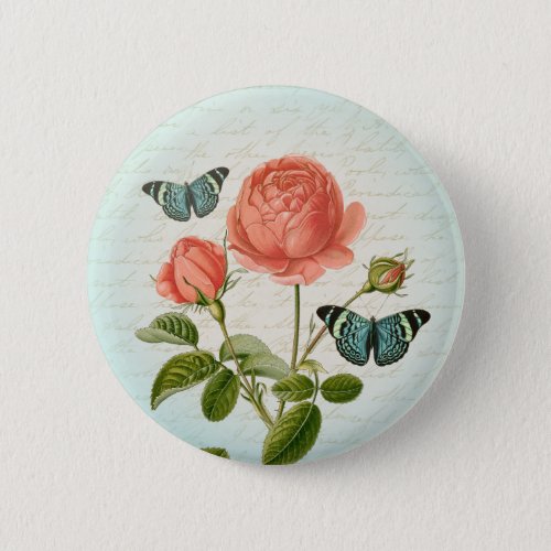 Rose  butterfly vintage floral girly button
