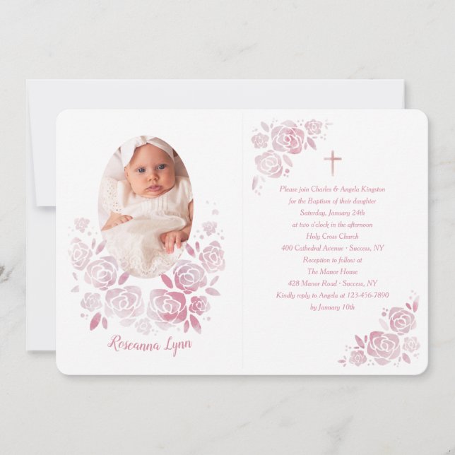 Rose Cameo Baptism Photo Invitation (Front)