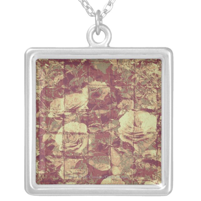 Rose camouflage pattern on tiled wall background silver plated necklace (Front)
