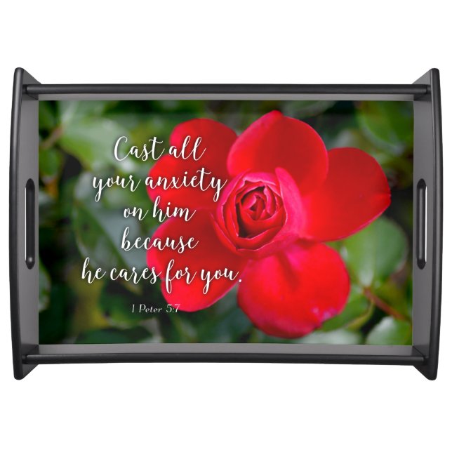 Rose Cast all your Anxiety Christian Bible Verse Serving Tray (Front)