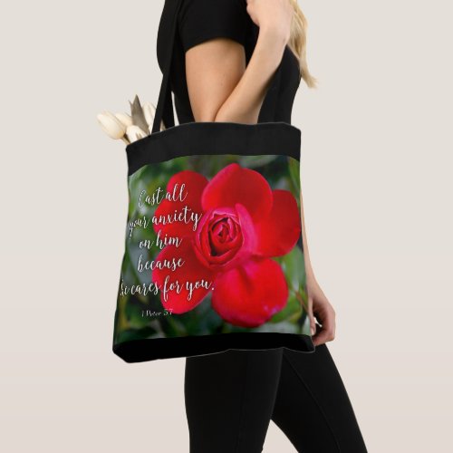 Rose Cast all your Anxiety Christian Bible Verse Tote Bag