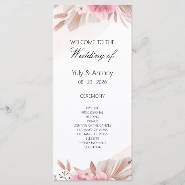 Rose Champagne Boho Wedding Program Card (Front)