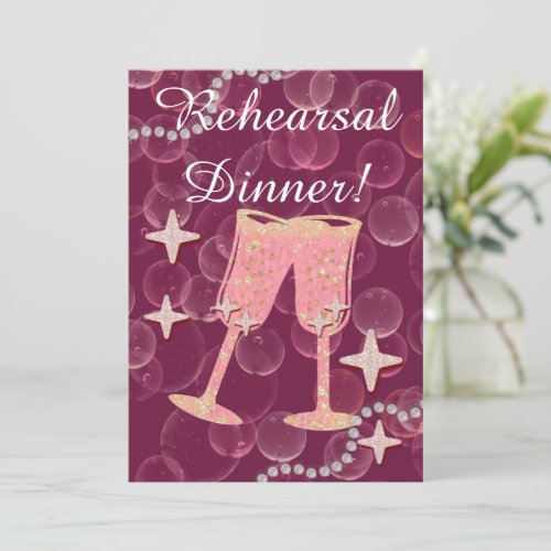 Rose Champagne Glasses Stars  Pearls Dinner Part Invitation