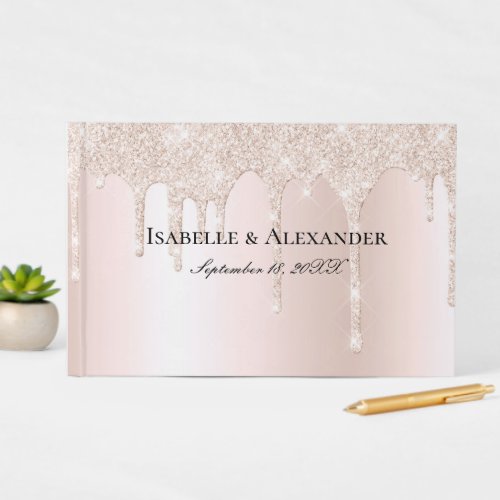 Rose Champagne Glitter Drips Blush Pink Wedding Guest Book
