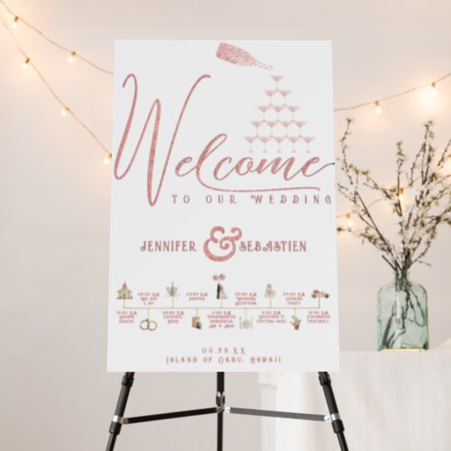 Rose Champagne Tower Chic Wedding Welcome Timeline Foam Board