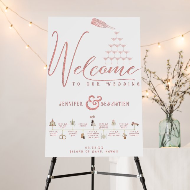 Rose Champagne Tower Chic Wedding Welcome Timeline Foam Board (In Situ (Stand))