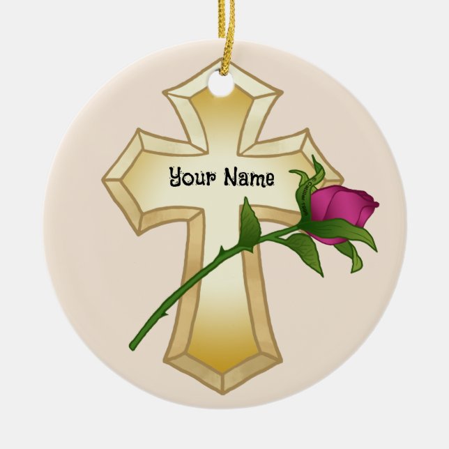 Rose Christian Cross Ceramic Ornament (Front)