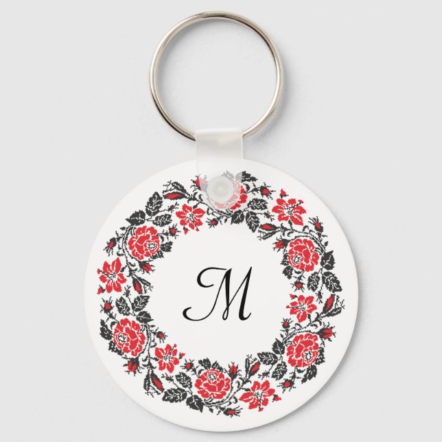 Rose circle cross-stitch Pattern Template monogram Keychain (Front)
