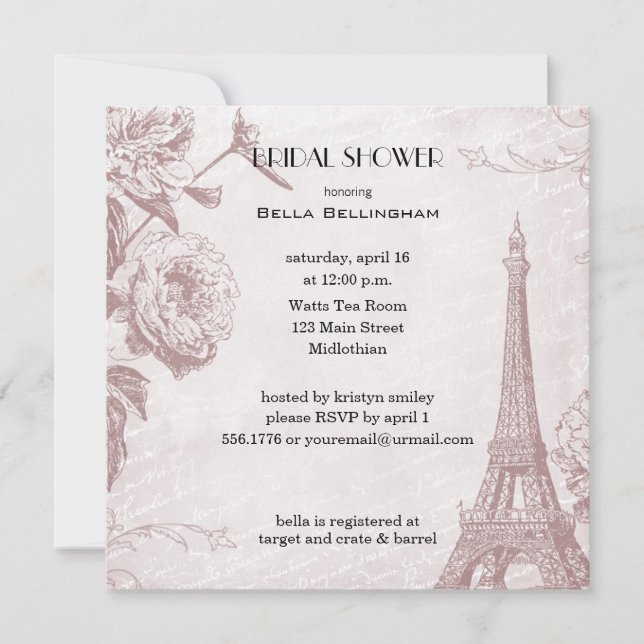 Rose Colored Eiffel Tower Bridal Shower Invitation (Front)