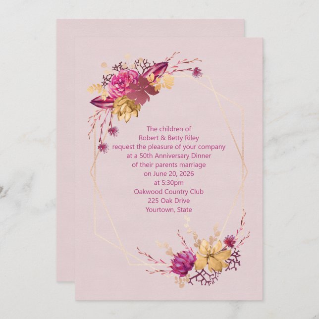 rose colored floral anniversary dinner invitation (Front/Back)