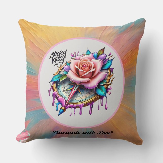 "Rose Compass: A Symbol of Love and Bliss" Throw Pillow (Front)
