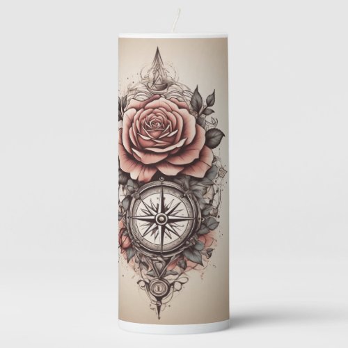 Rose Compass Bliss Tattoo Style Mug Design Pillar Candle