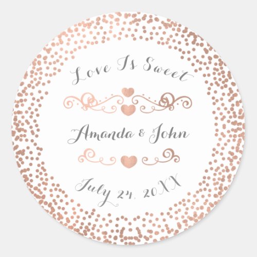 Rose Confetti White Save the Date Love is Sweet Classic Round Sticker