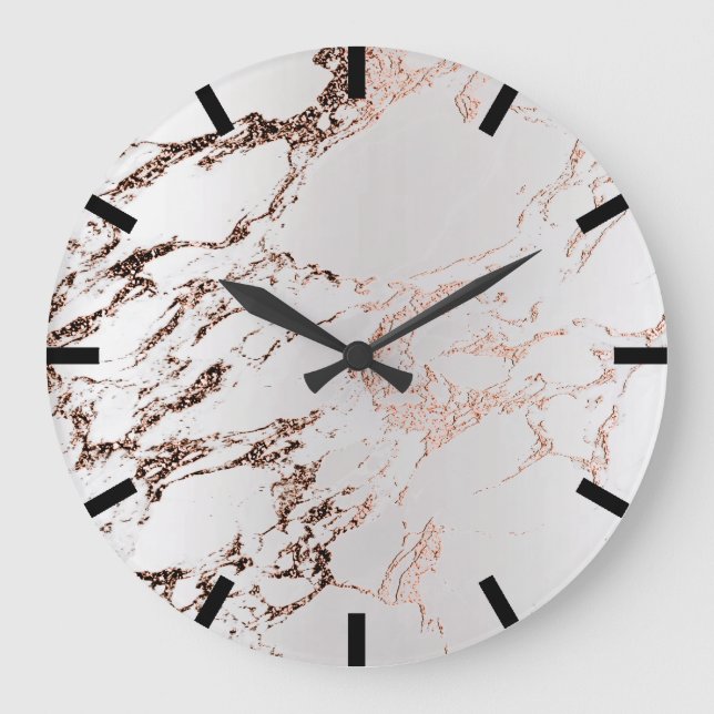 Rose Copper Gold Carrara Marble Black Gray Stone Large Clock (Front)