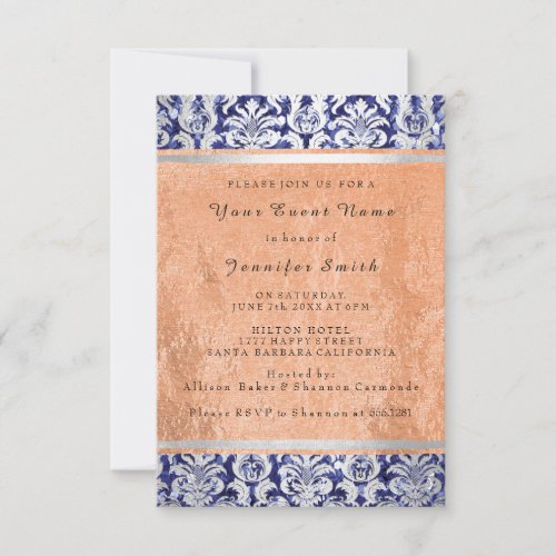 Rose Copper Silver Blue Navy Damask Bridal 16th Invitation