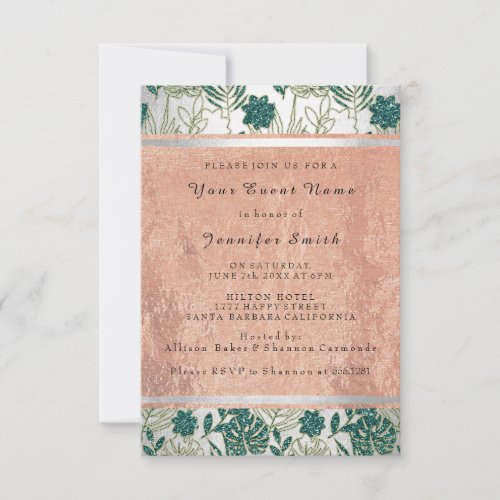 Rose Copper Silver Bridal 16th Monstera Palm Invitation