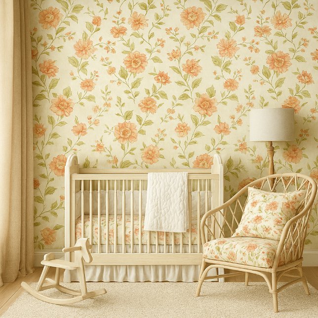 Rose Cottagecore Floral Seamless  Wallpaper (Vintage floral nursery with soft peach roses, cozy crib, and warm cottagecore textures.)