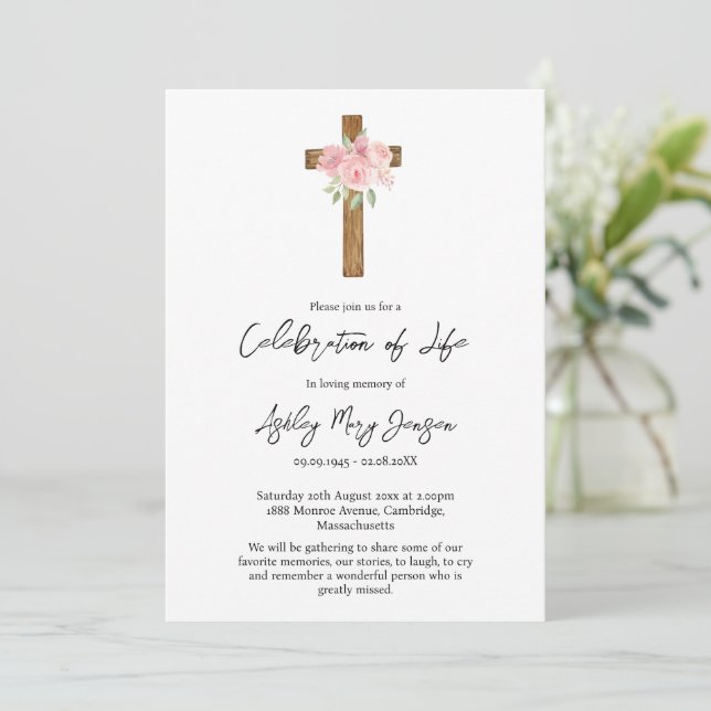 Rose Cross Celebration of Life Funeral Invitation (Standing Front)