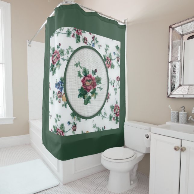 Rose Cross Stitch Shower Curtain (In Situ)