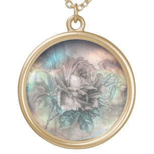 Rose crystal glow vintage floral victorian elegant gold plated necklace