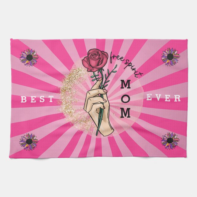 Rose Customize Elegant Floral Pink Glitter Kitchen Towel (Horizontal)