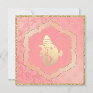 Rose Damask Gold Ganesh Indian Hindu Wedding Invitation