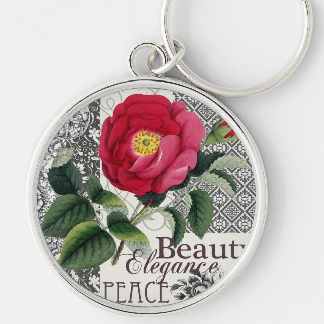Rose Damask Pretty Floral Antique Keychain (Front)
