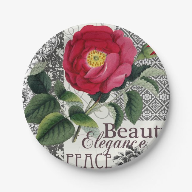 Rose Damask Pretty Floral Antique Paper Plates (Front)