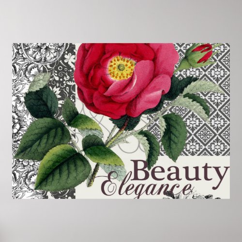 Rose Damask Pretty Floral Antique Poster