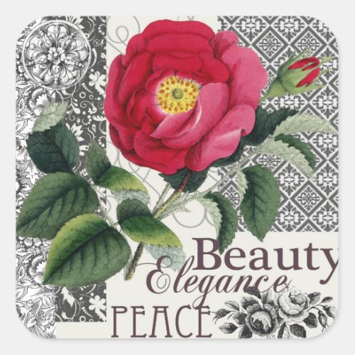 Rose Damask Pretty Floral Antique Square Sticker