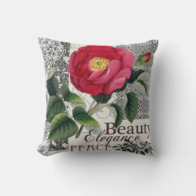 Rose Damask Pretty Floral Antique Throw Pillow (Front)