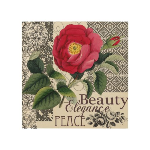 Rose Damask Pretty Floral Antique Wood Wall Art