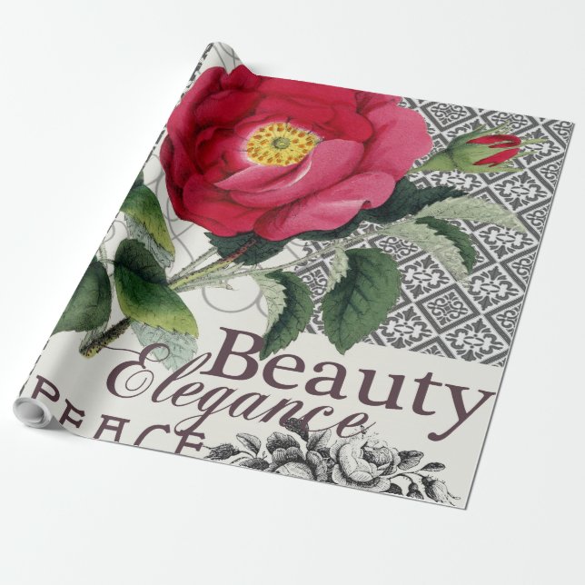 Rose Damask Pretty Floral Antique Wrapping Paper (Unrolled)