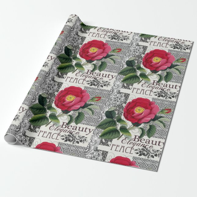 Rose Damask Pretty Floral Antique Wrapping Paper (Unrolled)