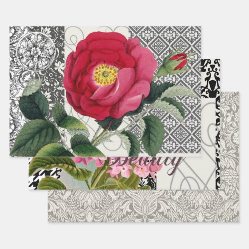 Rose Damask Pretty Floral Antique Wrapping Paper Sheets