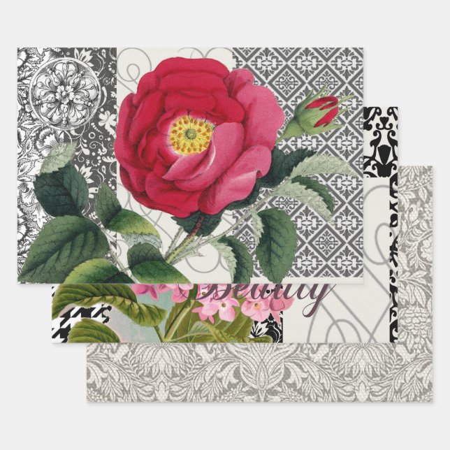 Rose Damask Pretty Floral Antique Wrapping Paper Sheets (Set)