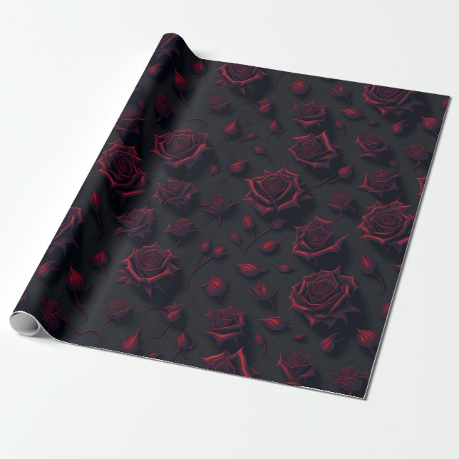 Rose Deep Red Flower Pattern Wrapping Paper (Unrolled)