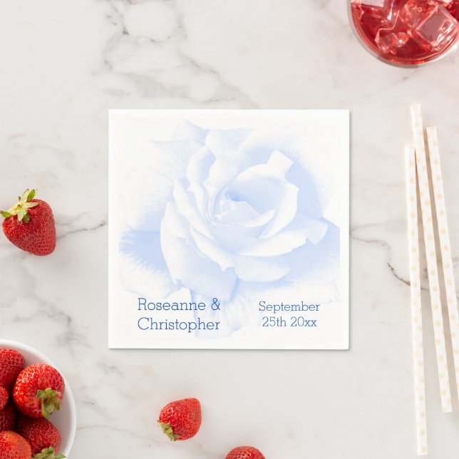 Rose Design Blue Coloured Wedding Napkins (Insitu)
